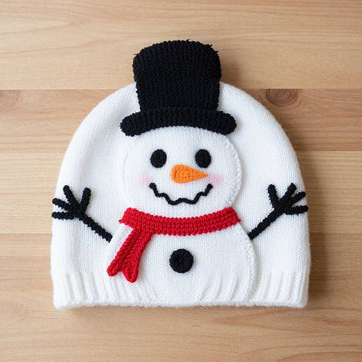 Photograph of a white, knitted snowman beanie with black top hat, orange carrot nose, black eyes, smile, red scarf, and