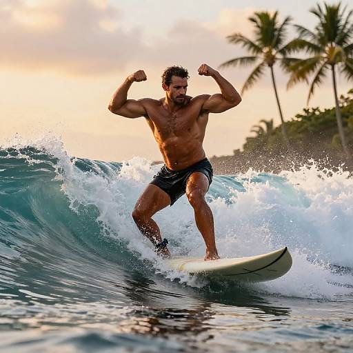 Photograph of a muscular, tan-skinned, shirtless man with dark hair and beard, surfing a wave in black board shorts, palms trees in