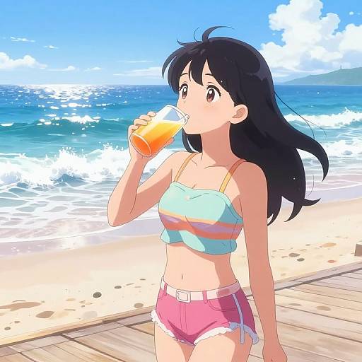 Anime Girl Enjoying Seaside Juice
