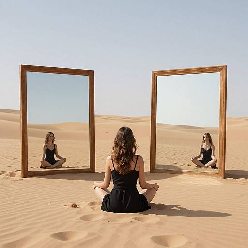 Photograph of a woman with wavy brown hair, sitting cross-legged in a desert, facing two wooden-framed mirrors reflecting her serene face. Clear