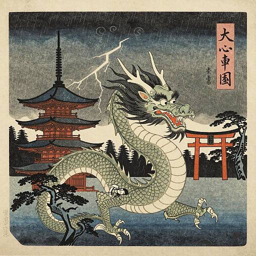 Ukiyo-e-style woodblock print: fierce green dragon with white horns, sharp teeth, and lightning bolts, in front of traditional Japanese pagoda