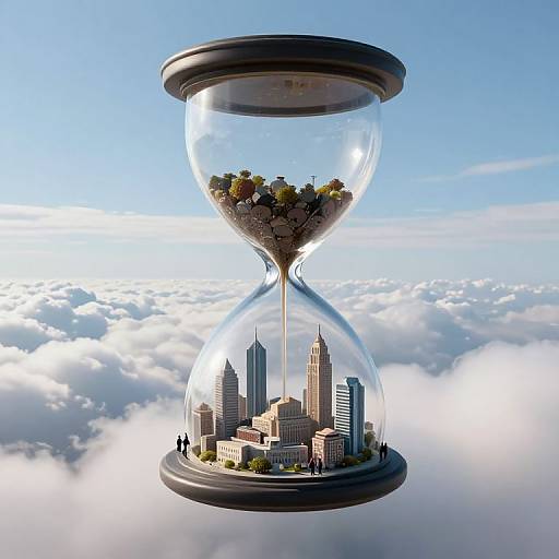 Photorealistic digital artwork of a glass hourglass with a miniature cityscape inside, floating above a sea of clouds under a blue sky. City includes