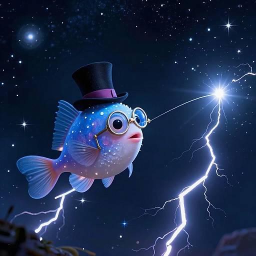 Digital illustration of a blue, spherical fish with glasses and a black top hat, fishing a lightning bolt against a starry night sky.