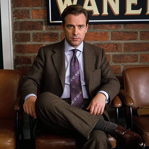 Photograph of a serious-looking man in a brown checkered suit, white shirt, and patterned tie, sitting on brown leather chairs against a brick