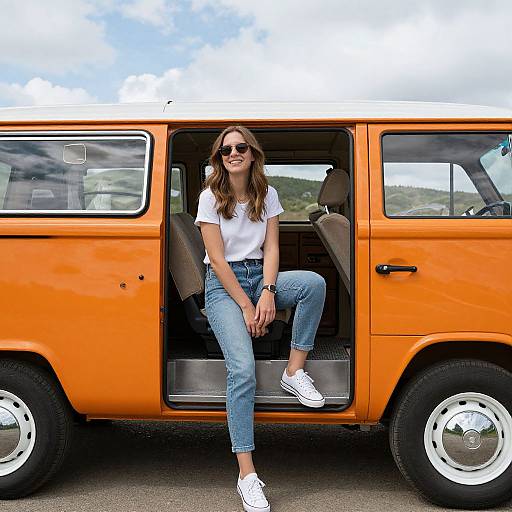 Smiling Woman on Vintage Orange Van