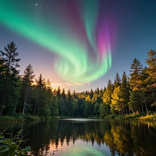 Photograph of a serene forest lake at night, reflecting vibrant green, pink, and purple Northern Lights against a starry sky.