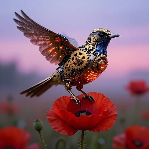 Photograph of a colorful, intricately designed mechanical bird with gears and lights perched on a vibrant red poppy against a blurred pink and blue sunset