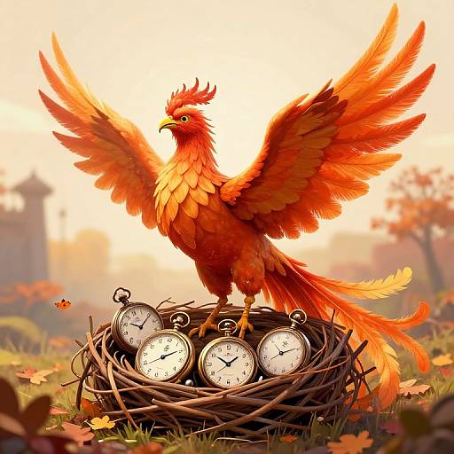Digital artwork of a vibrant red-orange phoenix with wings spread, standing on a nest of five antique clocks, in a sunlit, autumnal field with