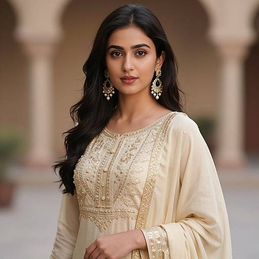 Photograph of a beautiful Indian woman with long black hair, wearing an ornate gold embroidered cream saree, large gold earrings, standing in a blurred