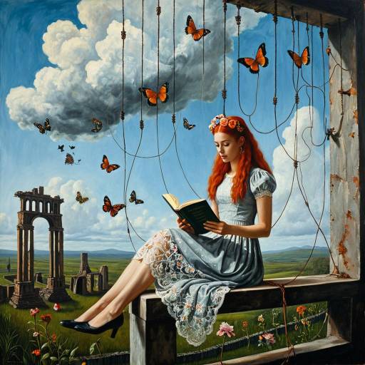 Surrealistic Redheaded Woman Reading Among Ruins