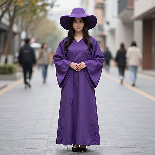 Photograph of an Asian woman with long black hair, wearing a wide-brimmed purple hat and matching long purple dress, standing on a blurred city