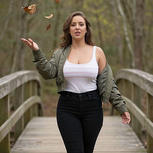 Photograph of a brunette woman with wavy hair, wearing a green jacket, white tank top, and black pants, walking on a wooden bridge,