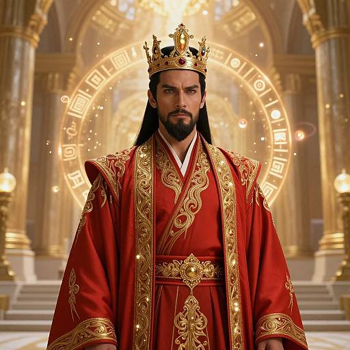 Photorealistic digital artwork of a bearded, dark-haired king wearing a gold crown and ornate red robe with gold embroidery, standing in a grand