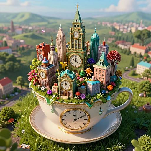 Whimsical digital artwork of a teacup city with clock towers, colorful buildings, and flowers, set on a grassy hill overlooking a distant