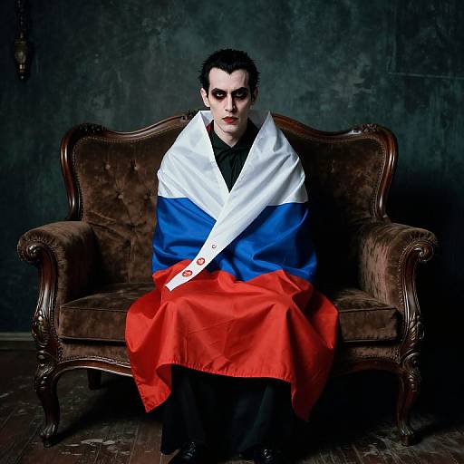 Photograph of pale, dark-haired man with intense expression, wrapped in French flag blanket, sitting on ornate brown velvet chair, dark textured background.