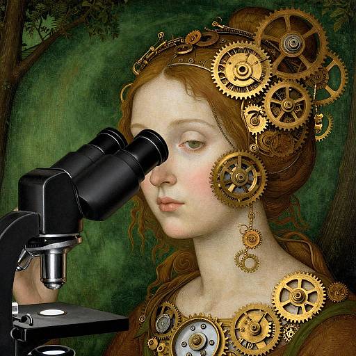 Digital artwork of pale-skinned woman with brown hair, wearing intricate golden gears, observing through black binoculars against a green forest background. Steamp