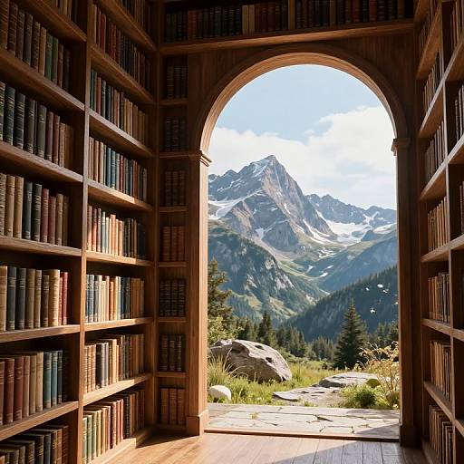 Photograph of a wooden library with tall shelves of books framing a large archway, revealing a breathtaking mountain landscape with snow-capped peaks and green forest