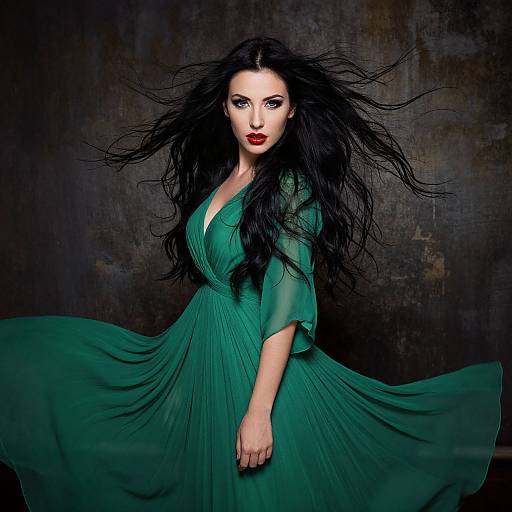 Photograph of a pale-skinned woman with long, wild black hair, wearing a flowing green dress, against a dark, textured background.