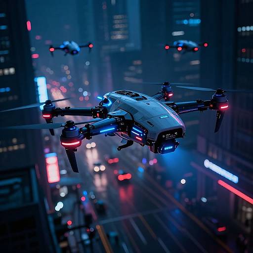 Futuristic Flying Drones in Cyberpunk City