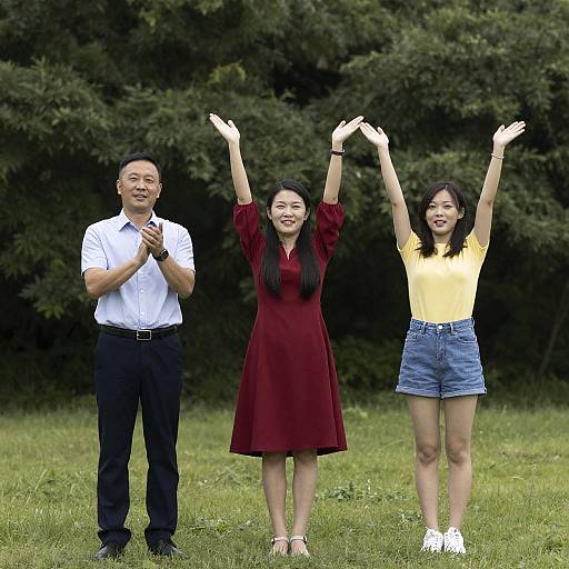 Three People Celebrating on Green Lawn