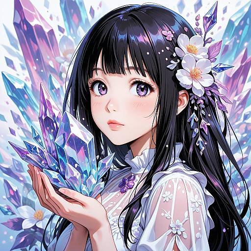 Anime-style digital illustration of a beautiful young woman with long black hair, purple eyes, white flower in hair, holding glowing blue crystals, wearing a white