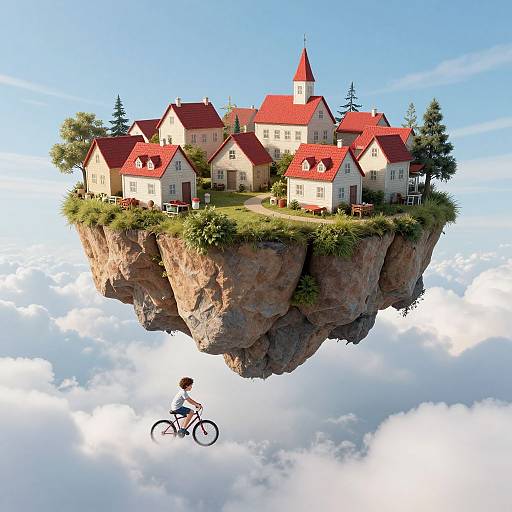 Digital artwork of a floating village with red-roofed houses on a rocky cliff, above clouds, with a cyclist below.