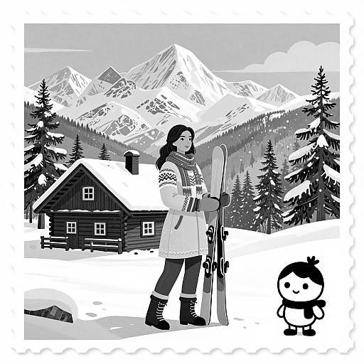 Black and white digital drawing of a woman in winter clothing holding skis, standing in front of a cabin with snowy mountains and trees, accompanied by a