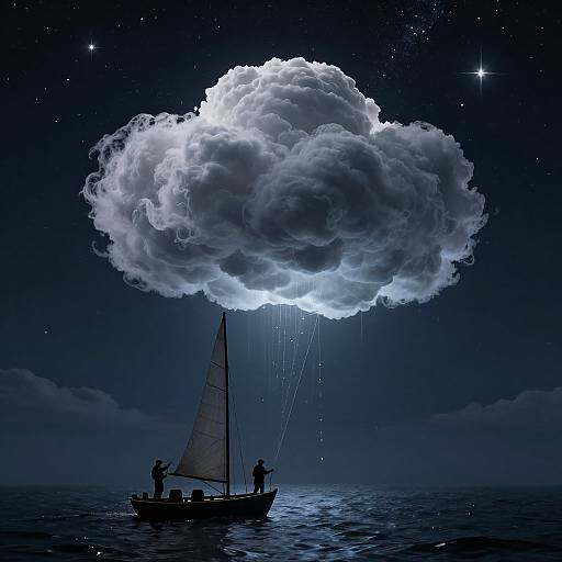 Digital artwork of a sailboat under a glowing, rain-filled cloud in a starry night sky, with sailors holding ropes.