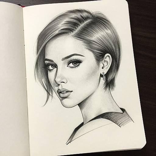 Black and white pencil drawing of a young woman with short, side-swept hair, wearing earrings, looking over her shoulder.