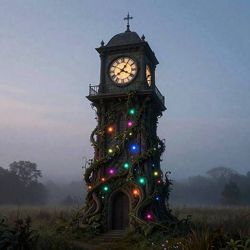 Bioluminescent Sylvan Clocktower at Dusk