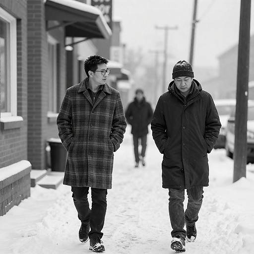 Winter Stroll: Two Men in Black and White