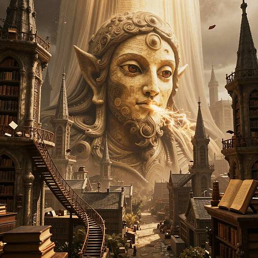 Fantastical digital artwork of a giant, golden, elf-like face with third eye and flowing hair looming over a sunlit, medieval cityscape with