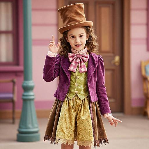 Photograph of a curly-haired girl in a Victorian-style outfit, including a brown top hat, purple jacket, yellow lace dress, and pink bow tie