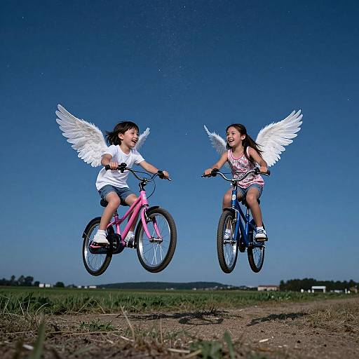 Photograph of two young Asian girls with white angel wings, riding bicycles mid-air against a clear blue sky, smiling joyfully.