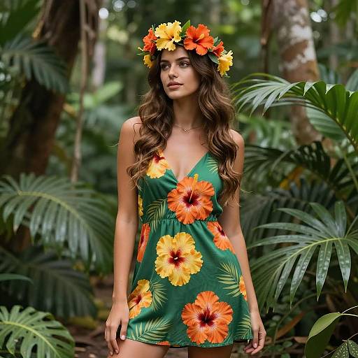 Young Woman in Tropical Dress with Flower Crown