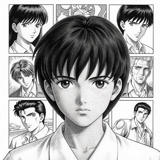 Manga-style black-and-white illustration featuring a central young man with dark hair, surrounded by six smaller portraits of himself.