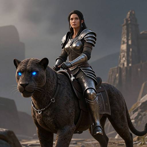CGI image of a fierce, dark-haired woman in shiny black armor riding a glowing blue-eyed black panther in a misty, ruined castle landscape