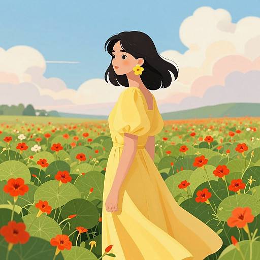 Digital illustration of a young woman with black hair, yellow dress, yellow flower earring, standing in a vibrant red poppy field under a blue sky