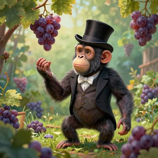 Digital artwork of a cute, anthropomorphic monkey in a black tuxedo and top hat, holding a grape in a sunlit vineyard.