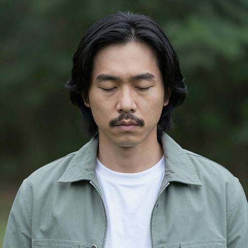 Serious Asian Man in Green Forest