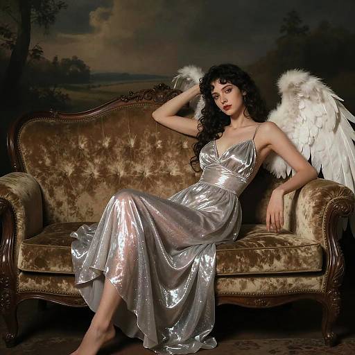 Photograph of a fair-skinned woman with curly black hair, wearing a shiny silver dress and white angel wings, seated on a vintage brown velvet sofa