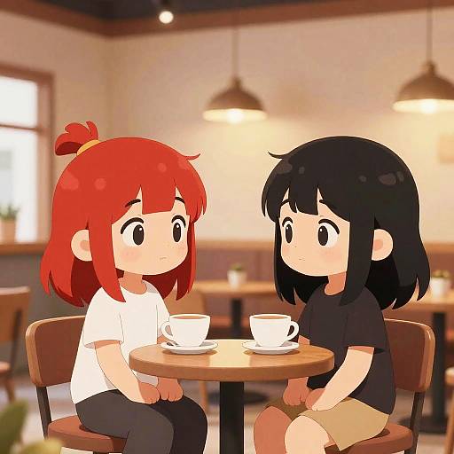 Digital anime-style drawing of two chibi girls with red and black hair, sitting at a café table with tea cups.