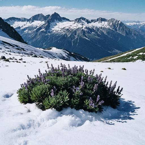 Alpine Shrub with Lavender Blooms in Snow