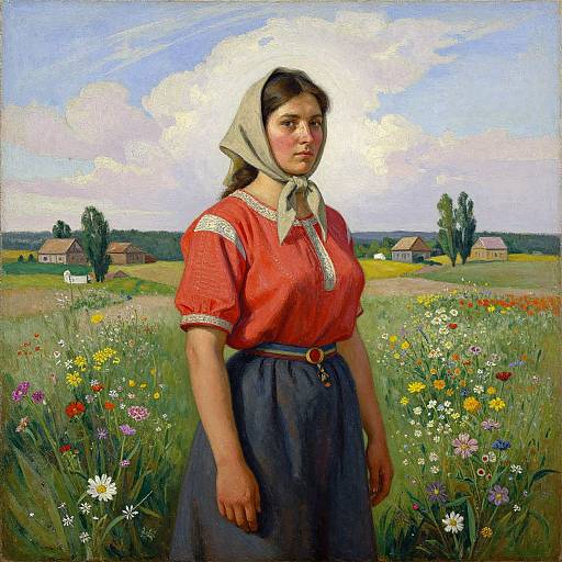 Realistic oil painting of a young woman with fair skin and brown hair, wearing a red blouse and gray skirt, standing in a colorful meadow with