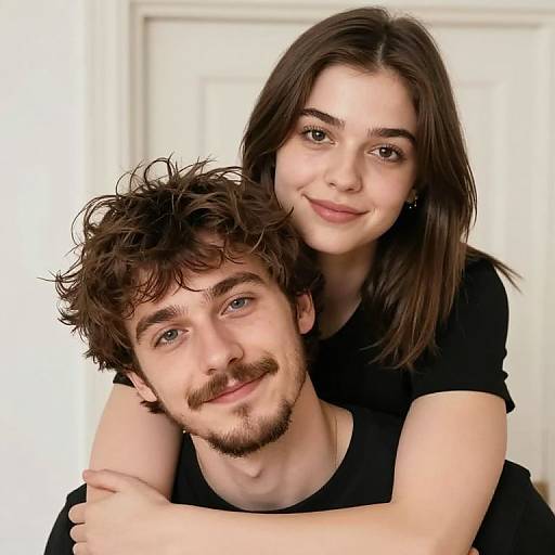 Photograph of a young couple; brunette woman with fair skin and black shirt hugs brown-haired man with mustache, fair skin, black shirt, both