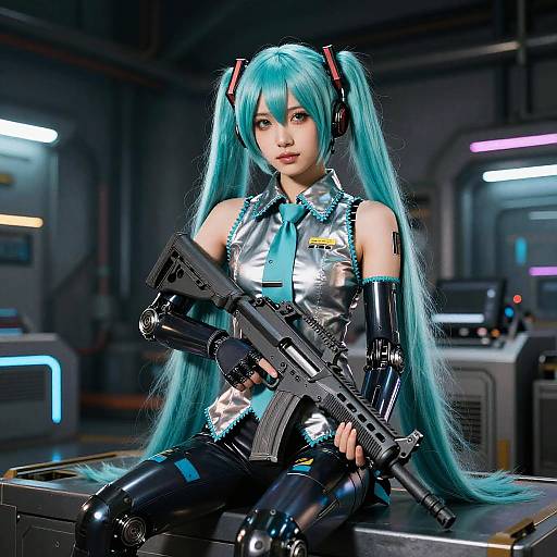 Digital artwork of a turquoise-haired anime girl in futuristic armor, holding a black assault rifle, set in a neon-lit sci-fi lab.