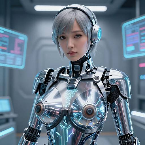 CGI image of an attractive, silver-haired, cybernetic woman with reflective, metallic armor, blue glowing circuits, and futuristic cockpit background.