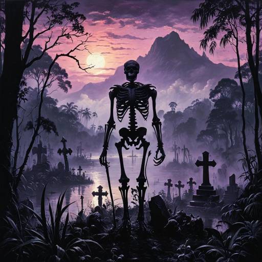 Oversized Skeleton in Foggy Jungle Graveyard