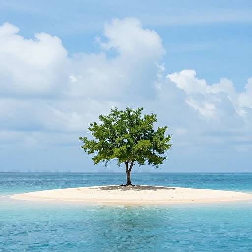 Photograph of a solitary green tree standing on a small, sandy island surrounded by clear, turquoise ocean under a bright blue sky with scattered clouds.