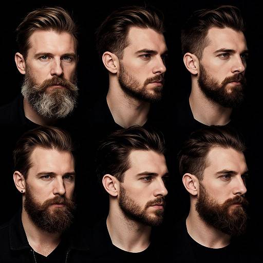 Photograph of six side profiles of a bearded white man with dark hair, showing various beard styles against a black background.